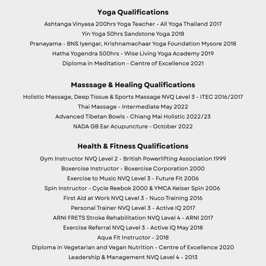 Deborah Hill's certified yoga teacher and fitness qualifications - founder of Surya Bee Yoga in Luang Prabang